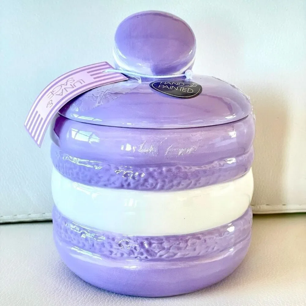 NWT LUNA & SAGE Gorgeous Macaron Lilac/White Glossy Ceramic 7”Canister Jar w Lid